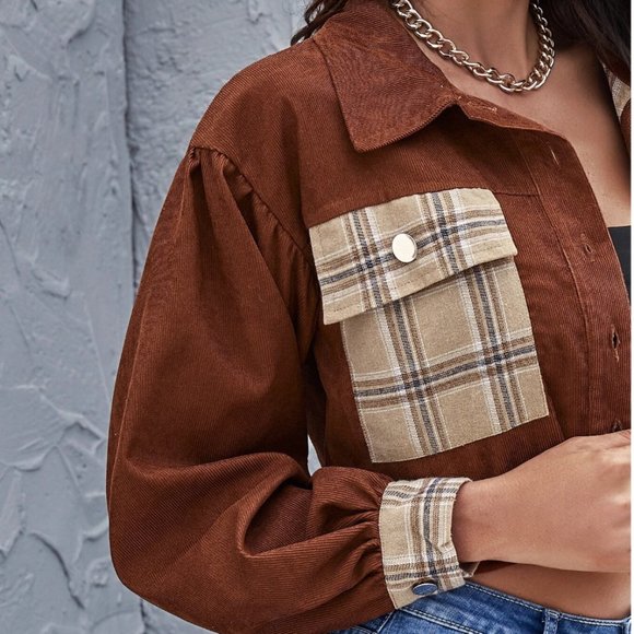 Plaid Crop Corduroy Jacket - Picture 3 of 6